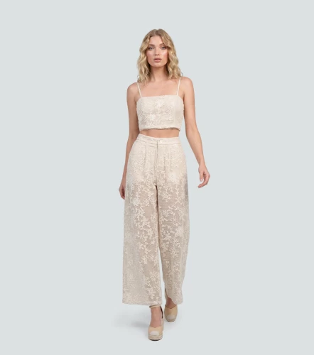 Conjunto De Dos Piezas Crop Top Y Pantalon Palazzo En Encaje Unicolor DerekAR