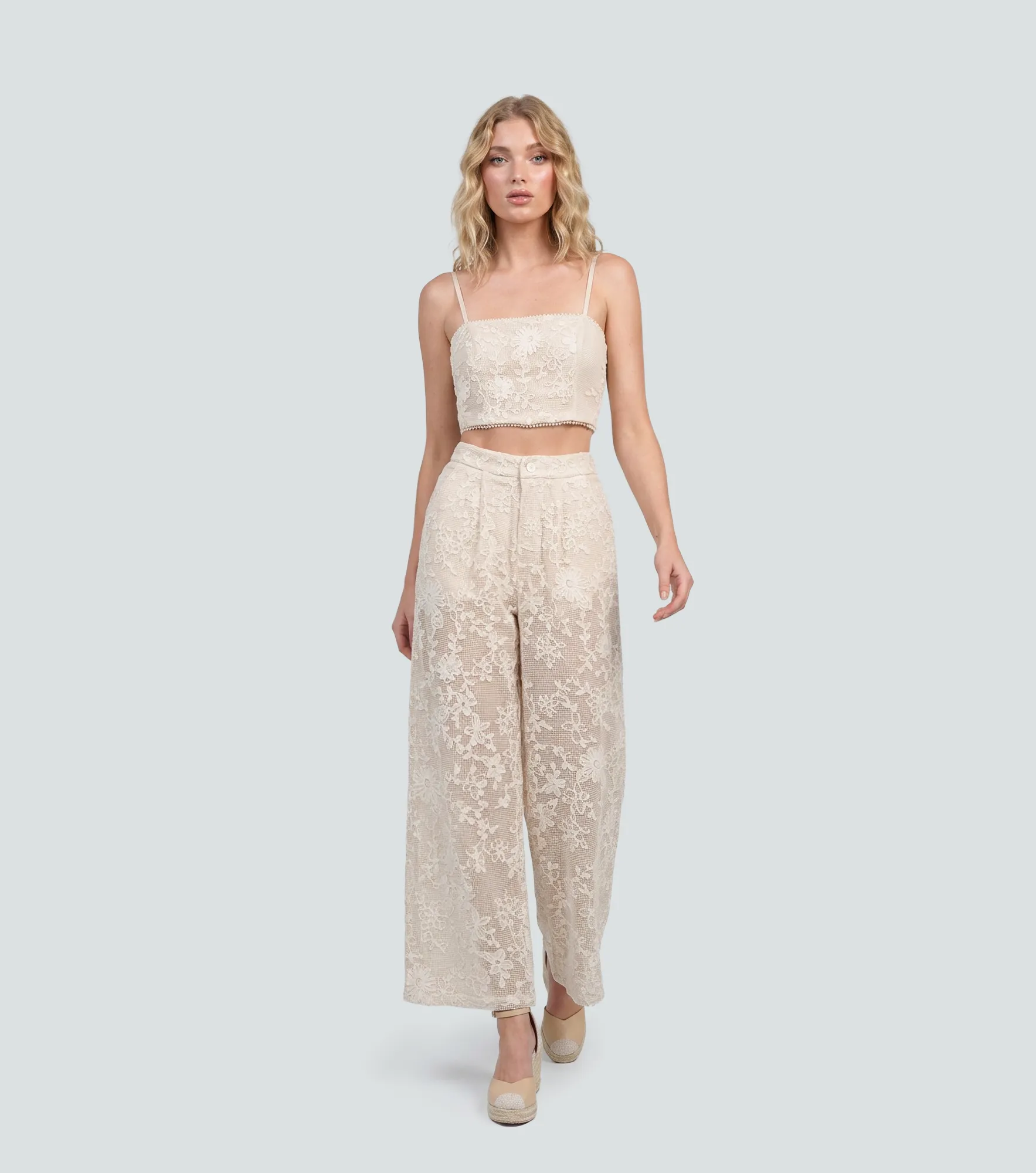 Conjunto De Dos Piezas Crop Top Y Pantalon Palazzo En Encaje Unicolor DerekAR
