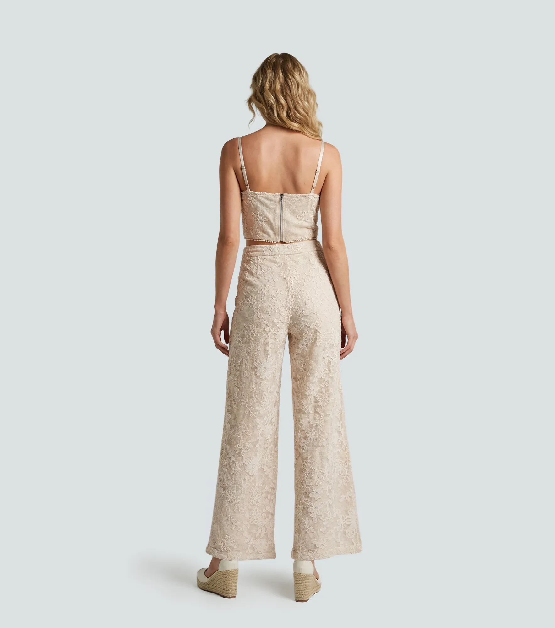 Conjunto De Dos Piezas Crop Top Y Pantalon Palazzo En Encaje Unicolor Derek 838290 AR