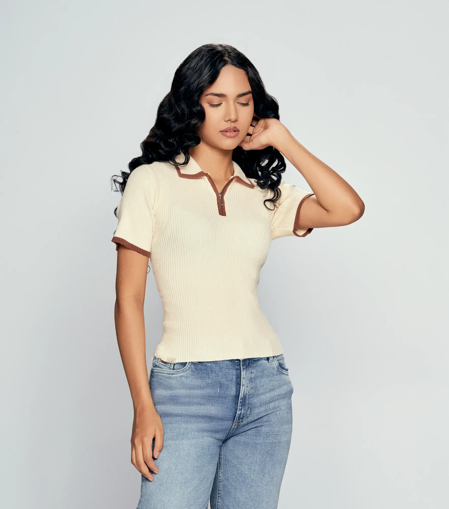 Ariana Blusa Tipo Polo Tejido Combinada Con Cremallera Unser 836565 AR