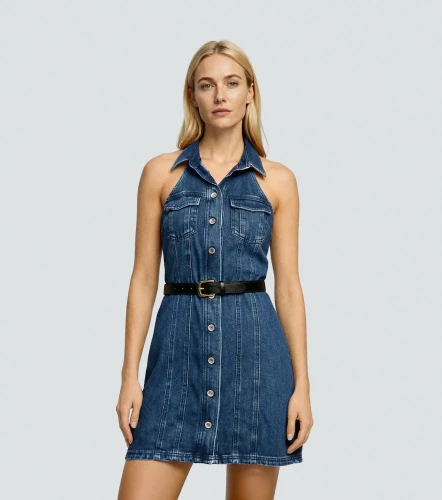 Vestido Para Mujer En Indigo Cuello Halter Con Proceso DerekAZ
