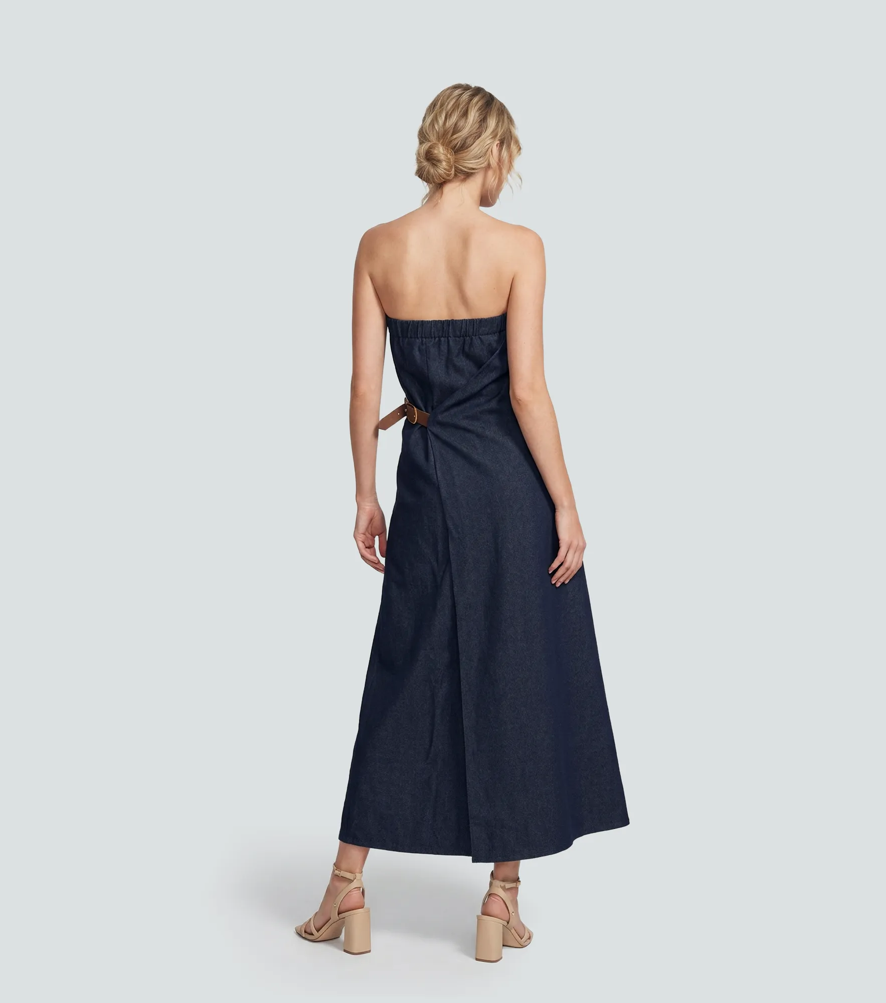 Vestido Largo De Denim Con Breteles Ajustados Y Abertura Lateral Unicolor Derek 838282 AZ