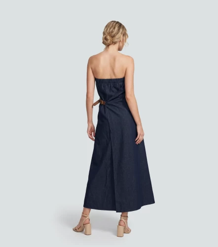 Vestido Largo De Denim Con Breteles Ajustados Y Abertura Lateral Unicolor DerekAZ